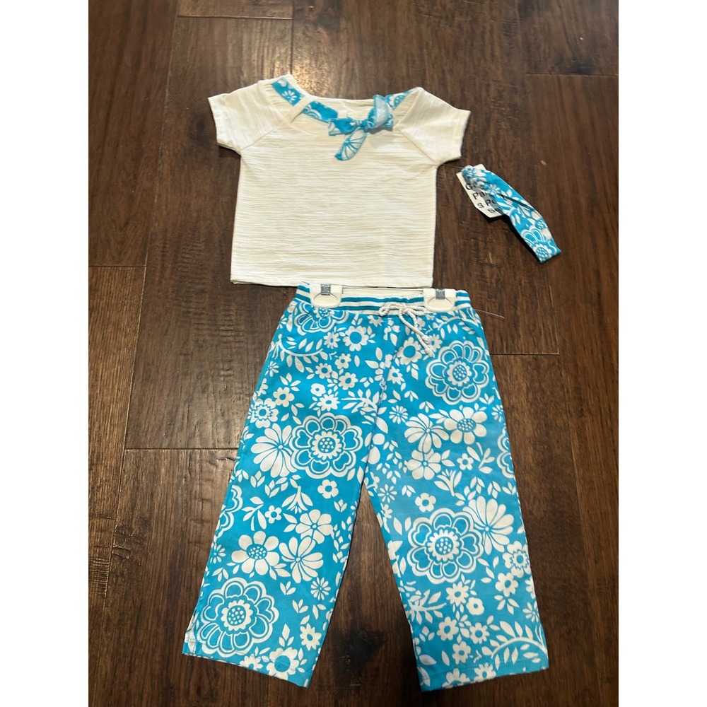 Vintage Kids Play Girls Capri Pant 3 Pc Set White Blue Floral Headband Size 4T